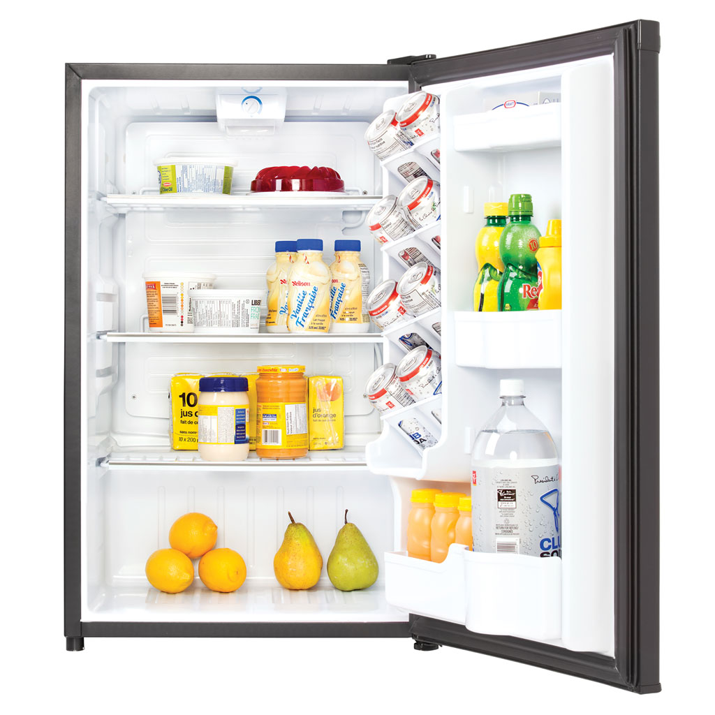 Danby DAR044A4BDD 4.4 cu ft compact fridge with door open showing food and beverage storage