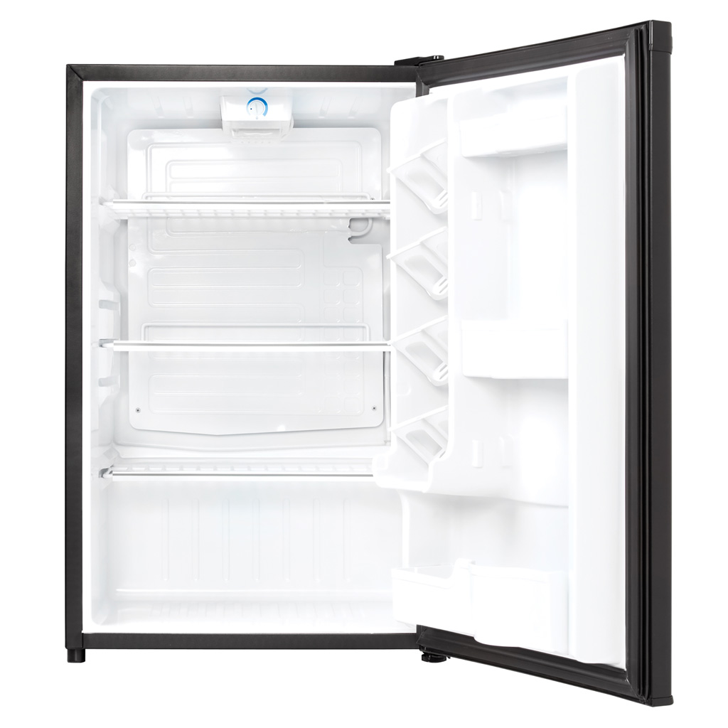 Danby DAR044A4BDD 4.4 cu ft compact fridge with door open showing empty interior and adjustable shelves