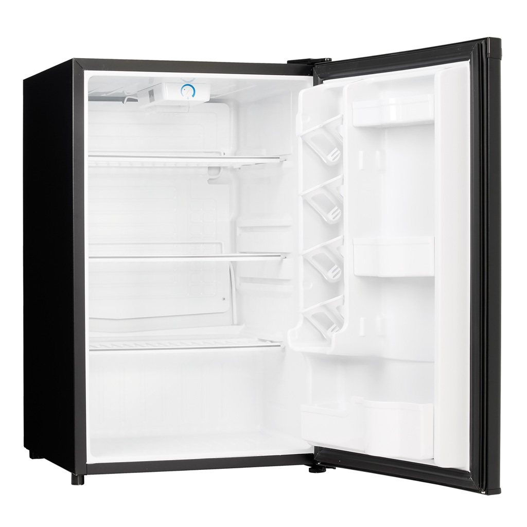 Danby DAR044A4BDD 4.4 cu ft compact fridge angled view with door open showing interior shelving