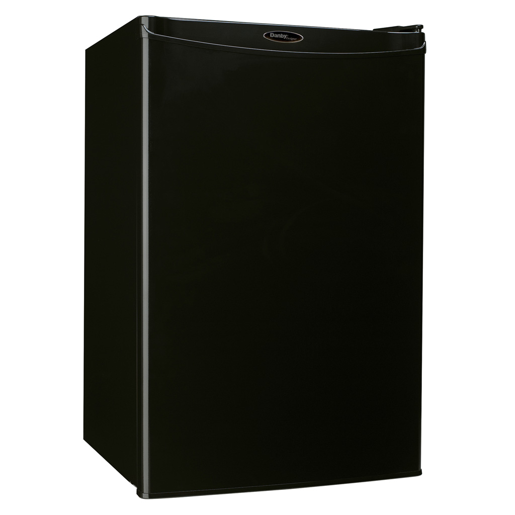 Danby DAR044A4BDD 4.4 cu ft compact fridge right side view with black finish and compact cabinet design