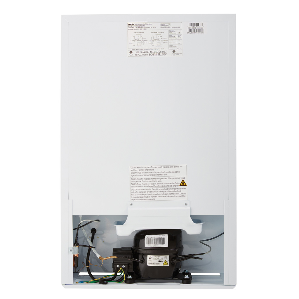 Danby DAR044A4WDD 4.4 cu ft compact fridge rear view showing cooling components and power cord