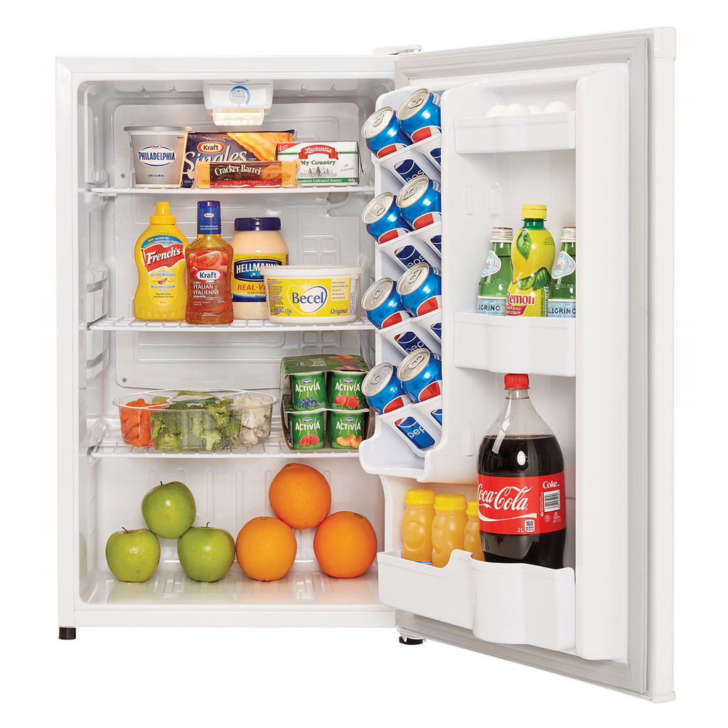 Danby DAR044A4WDD 4.4 cu ft compact fridge with door open displaying food and beverage storage