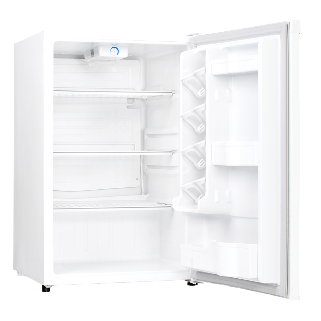 Danby DAR044A4WDD 4.4 cu ft compact fridge with door open showing empty interior storage compartments