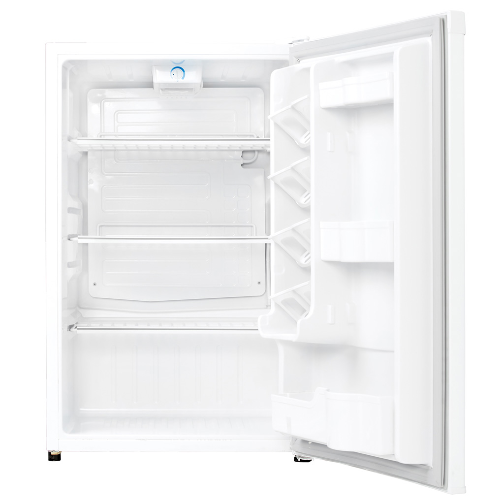 Danby DAR044A4WDD 4.4 cu ft compact fridge with door open showing empty interior storage shelves