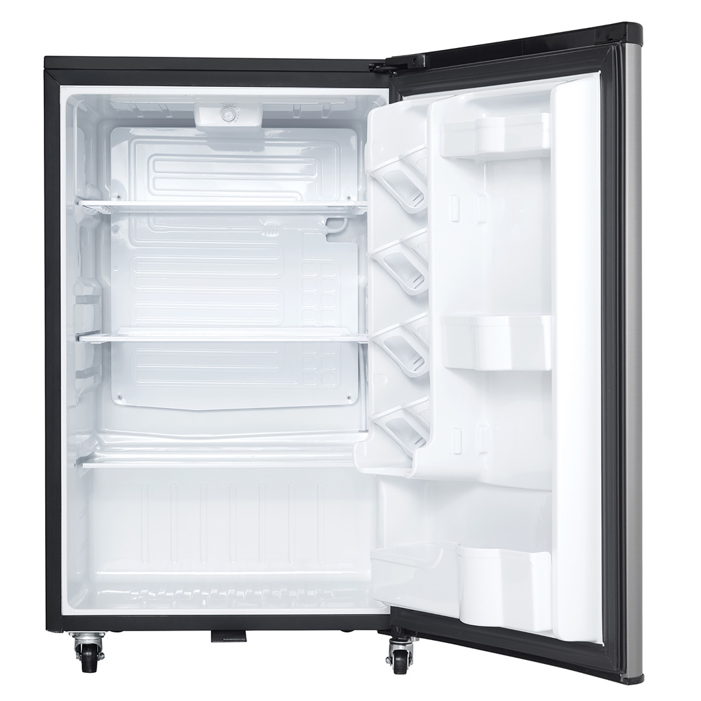 Danby DAR044A6BSLDBO 4.4 cu ft outdoor fridge with door open showing empty interior compartments and shelves
