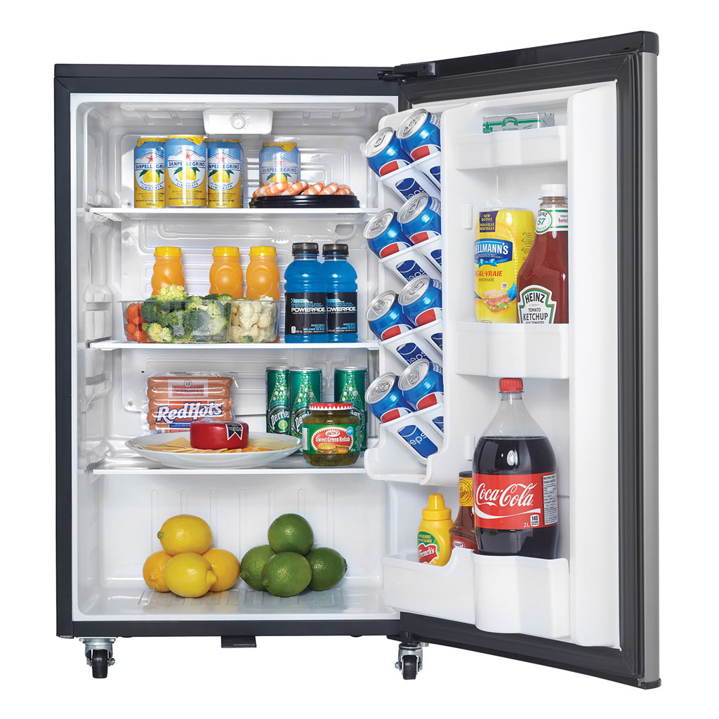 Danby DAR044A6BSLDBO 4.4 cu ft outdoor fridge with door open displaying food and beverage storage