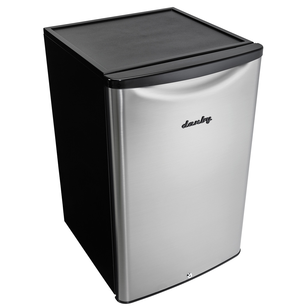 Danby DAR044A6BSLDBO 4.4 cu ft outdoor fridge angled view with stainless steel finish