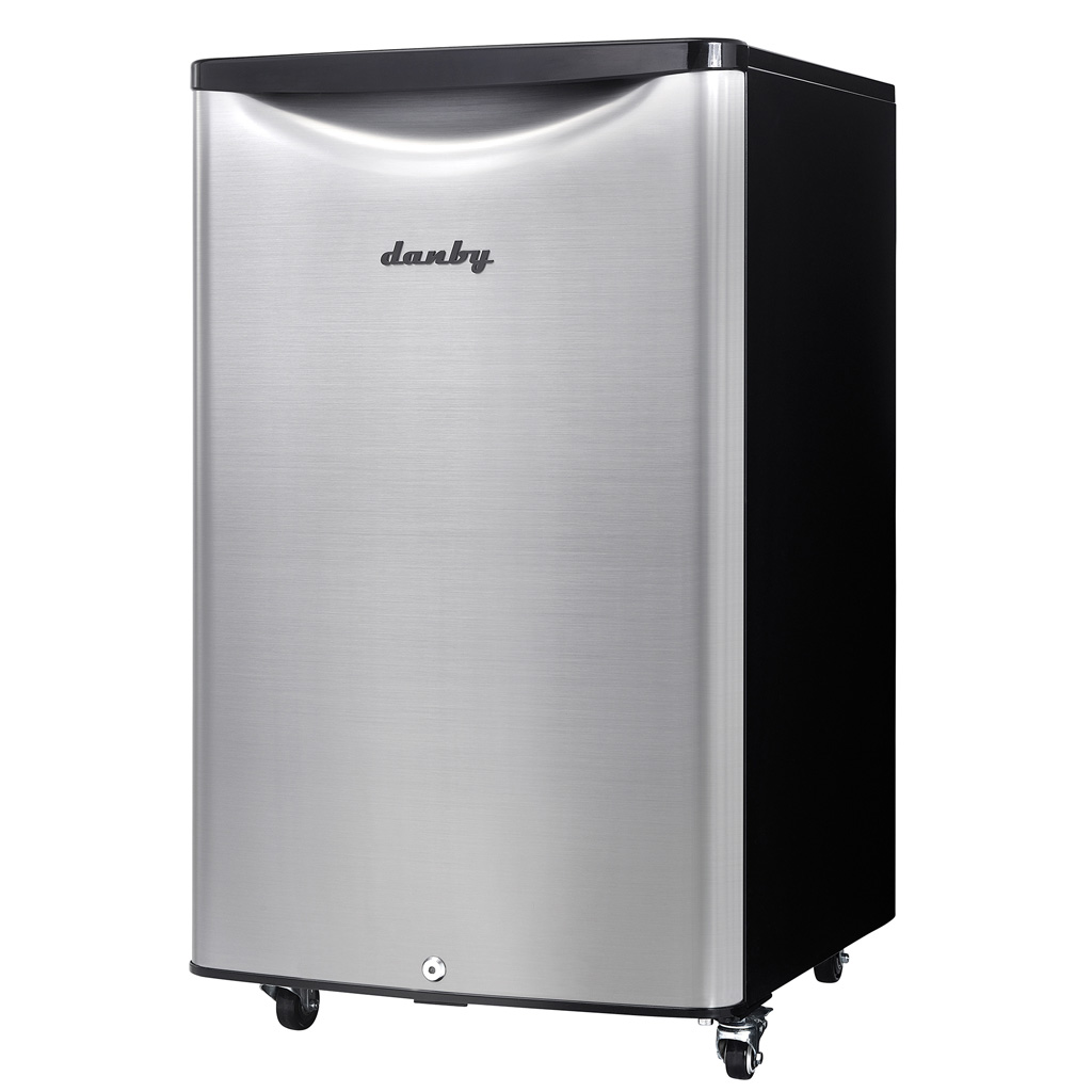 Danby DAR044A6BSLDBO 4.4 cu ft outdoor fridge left angle view with stainless steel finish