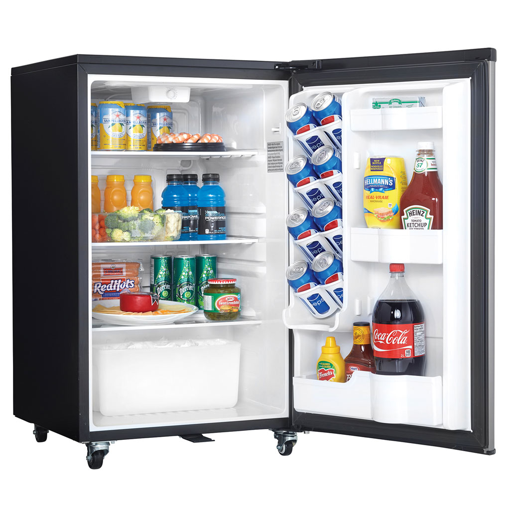 Danby DAR044A6BSLDBO 4.4 cu ft outdoor fridge with door open displaying beverage storage