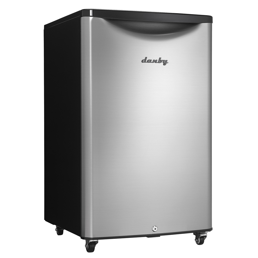 Danby DAR044A6BSLDBO 4.4 cu ft outdoor fridge right angle view with stainless steel finish