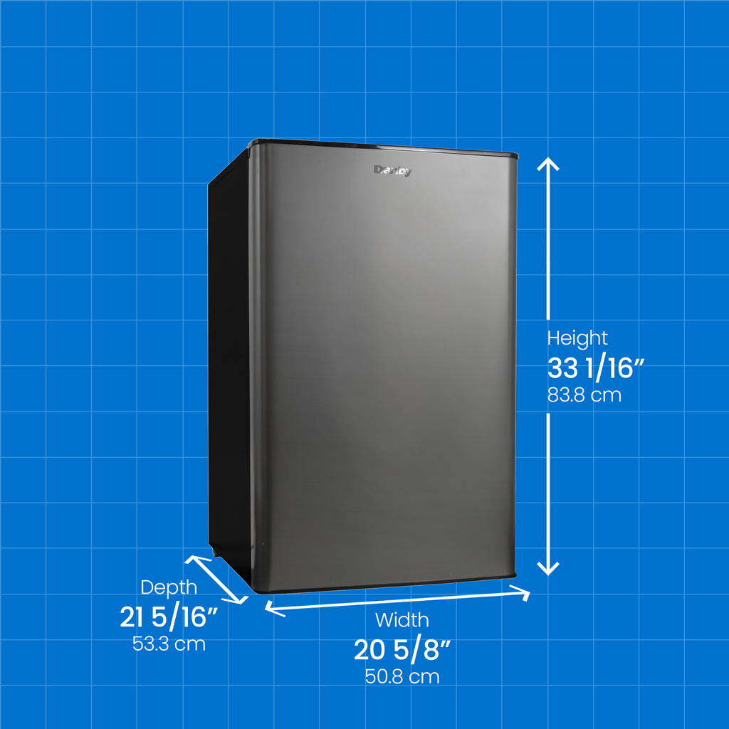 Danby DAR044A9SLDB 4.4 cu ft compact refrigerator with height width and depth measurements displayed