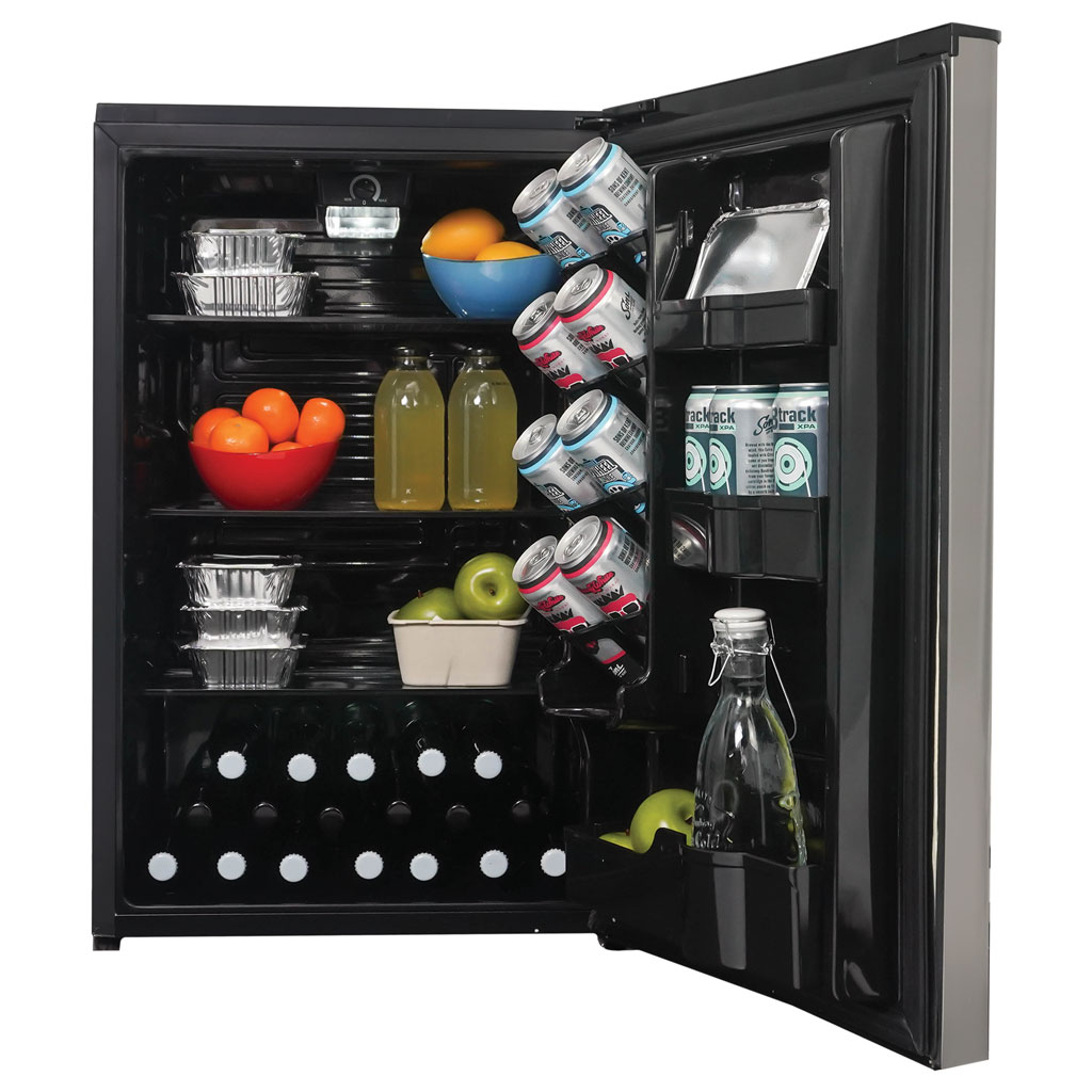 Danby DAR044A9SLDB 4.4 cu ft compact refrigerator with door open displaying food and beverage storage