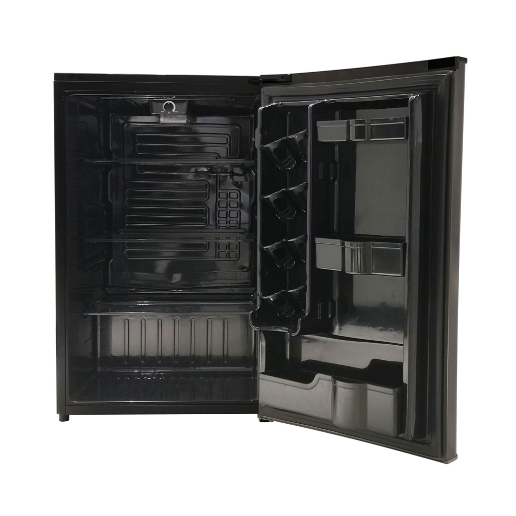 Danby DAR044A9SLDB 4.4 cu ft compact refrigerator with door open showing empty interior storage compartments