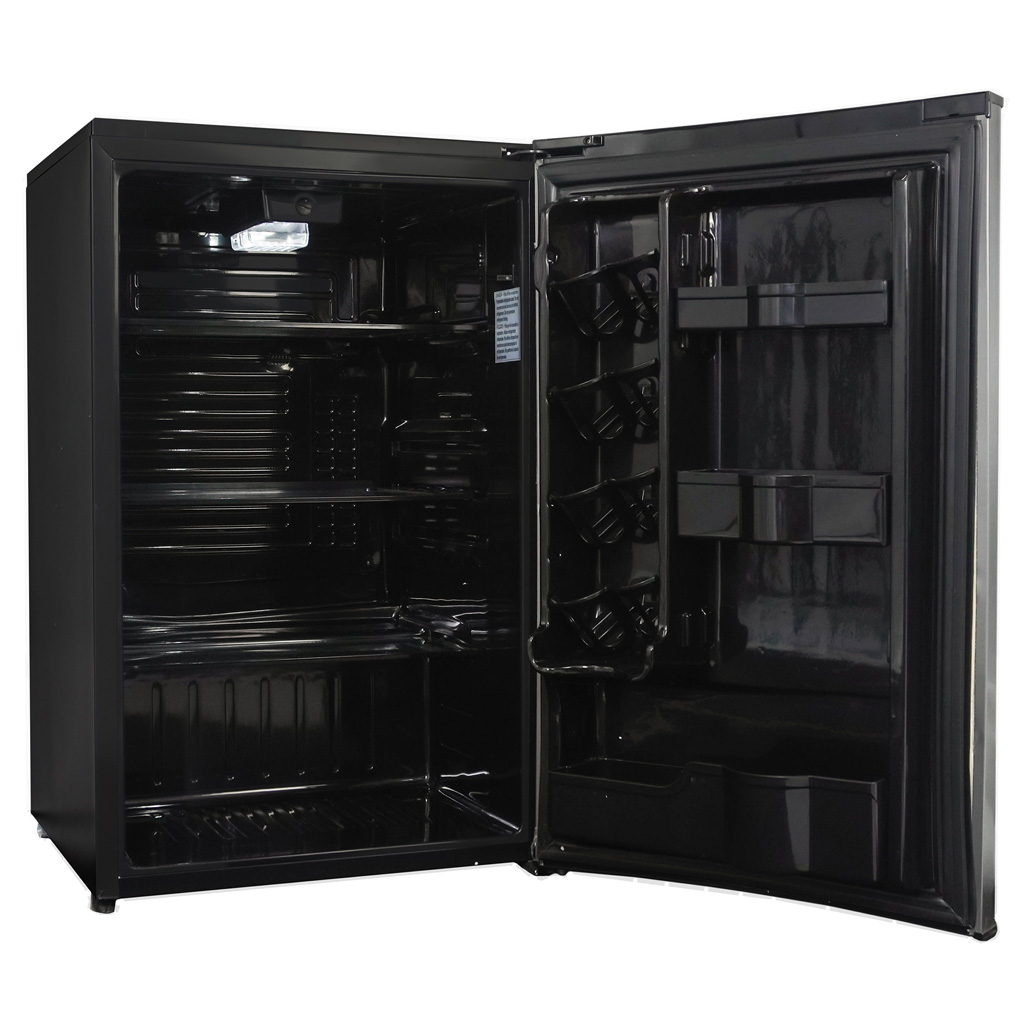 Danby DAR044A9SLDB 4.4 cu ft compact refrigerator with door open showing empty black interior shelves