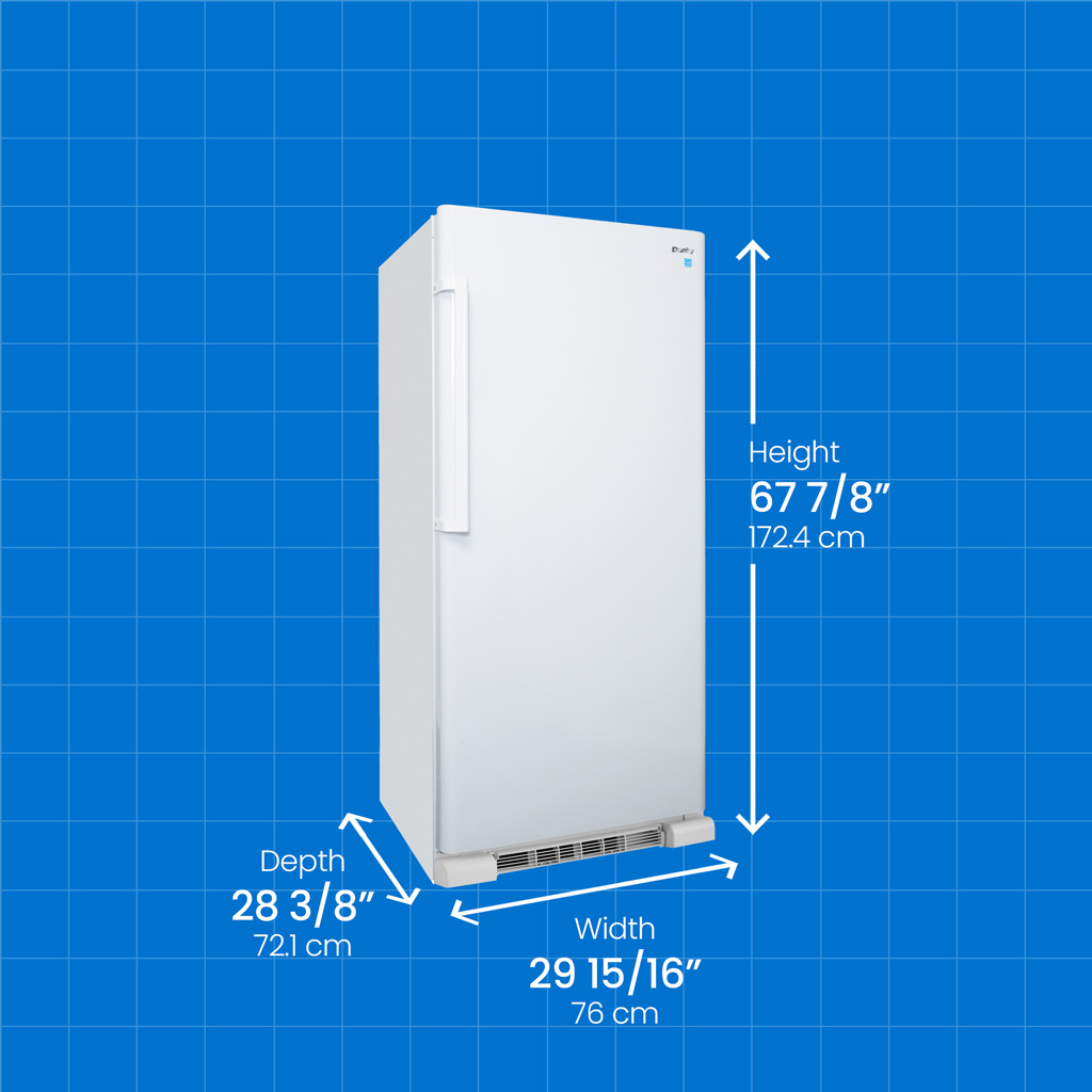 Danby DAR170A3WDD 17.0 cu ft apartment fridge with height width and depth measurements displayed