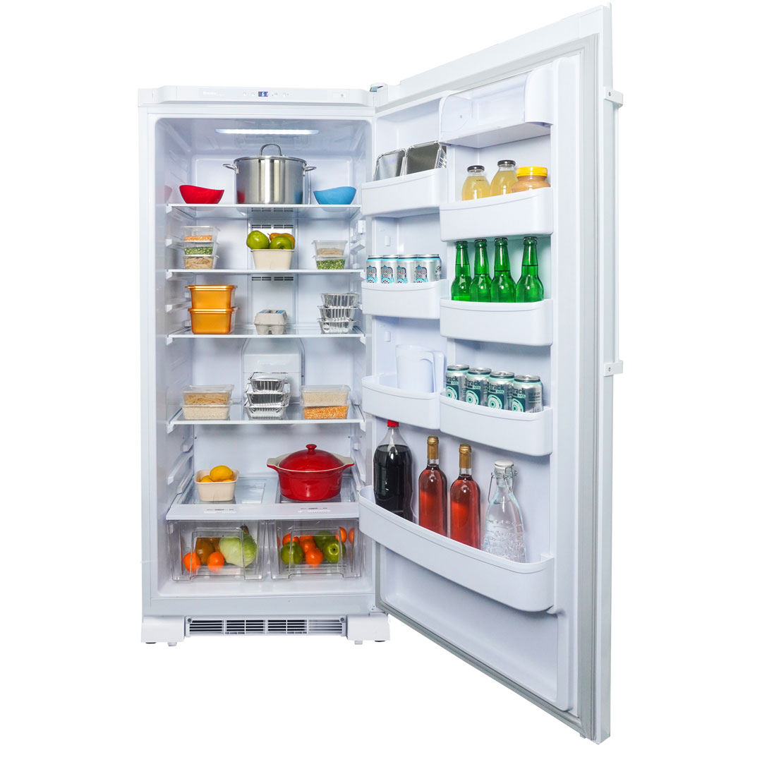 Danby DAR170A3WDD 17.0 cu ft apartment fridge with door open displaying food and beverage storage