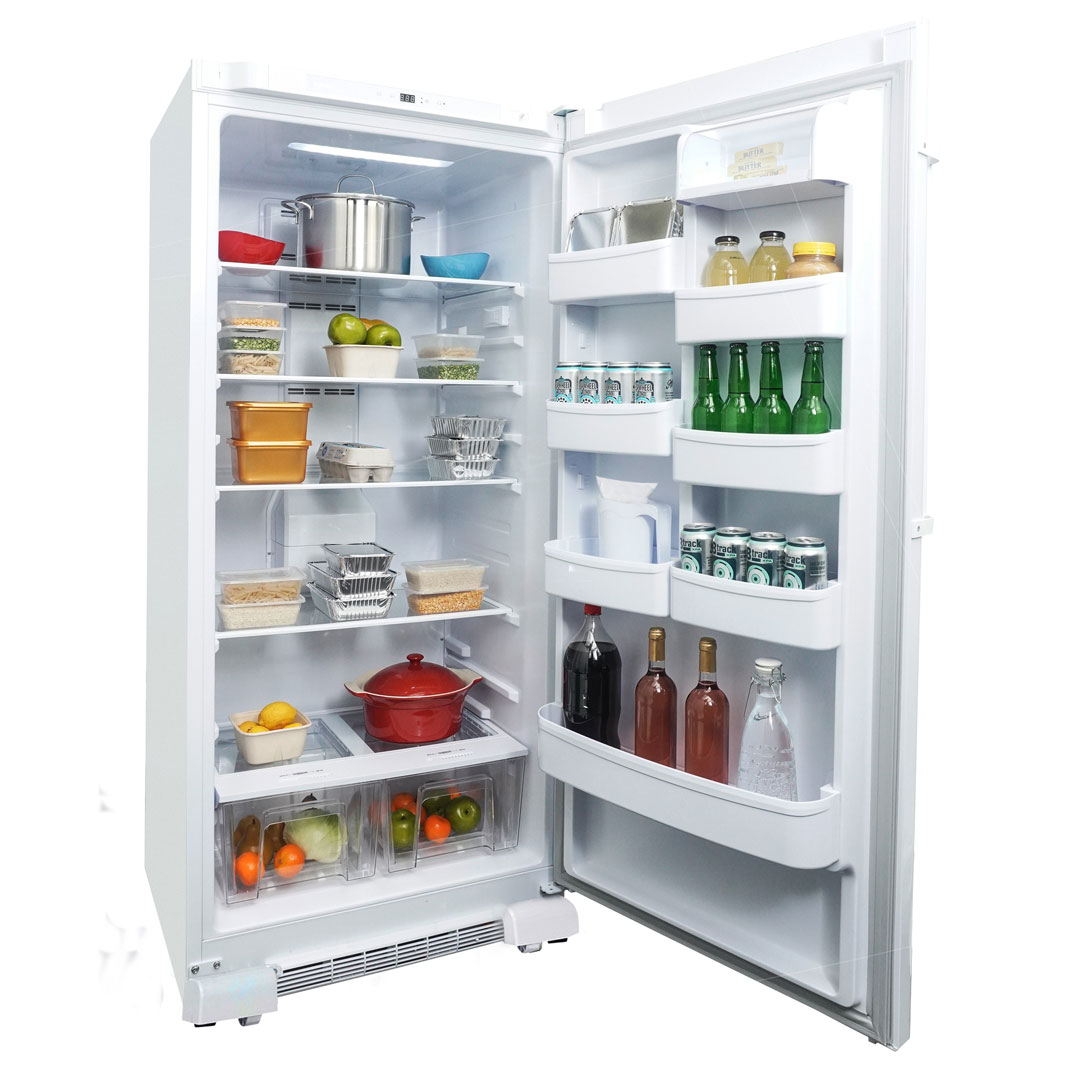 Danby DAR170A3WDD 17.0 cu ft apartment fridge right angle view with door open displaying food and beverage storage