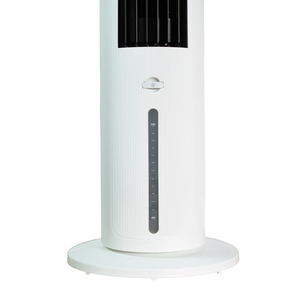Danby DBEC42A41W 42 inch evaporative cooler front view showing water level indicator window