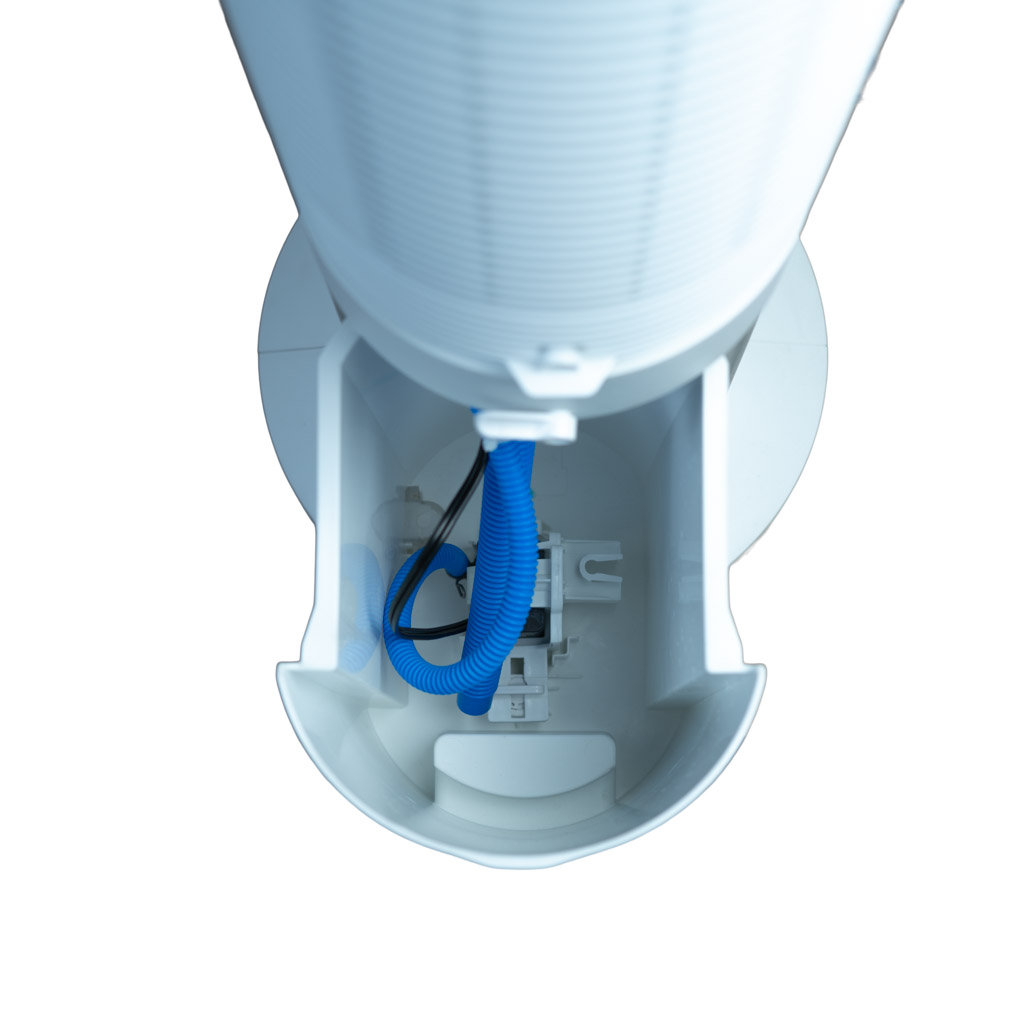 Danby DBEC42A41W 42 inch evaporative cooler internal water tank with pump and hose visible