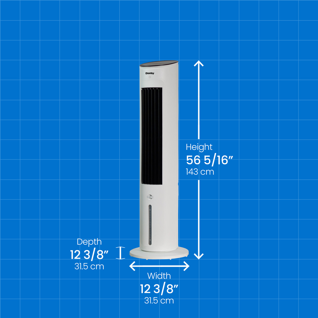 Danby DBEC42A41W 42 inch evaporative cooler with height width and depth measurements displayed