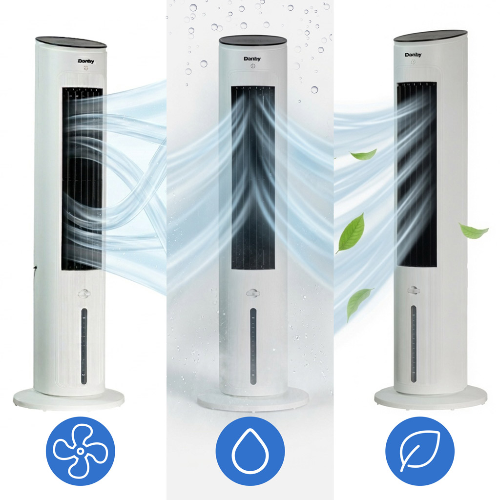 Danby DBEC42A41W 42 inch evaporative cooler showing airflow cooling water mist and air purification modes