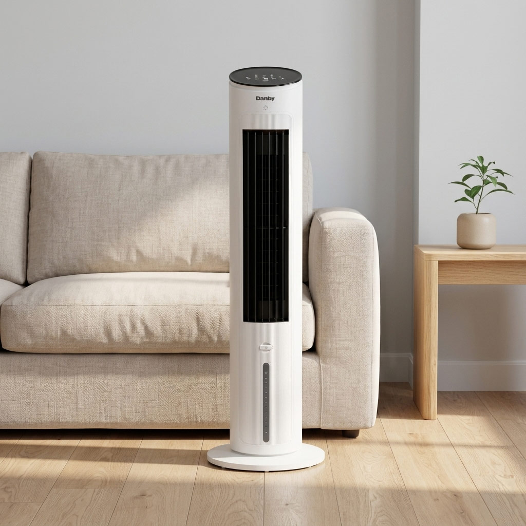 Danby DBEC42A41W 42 inch evaporative cooler standing beside sofa in living room