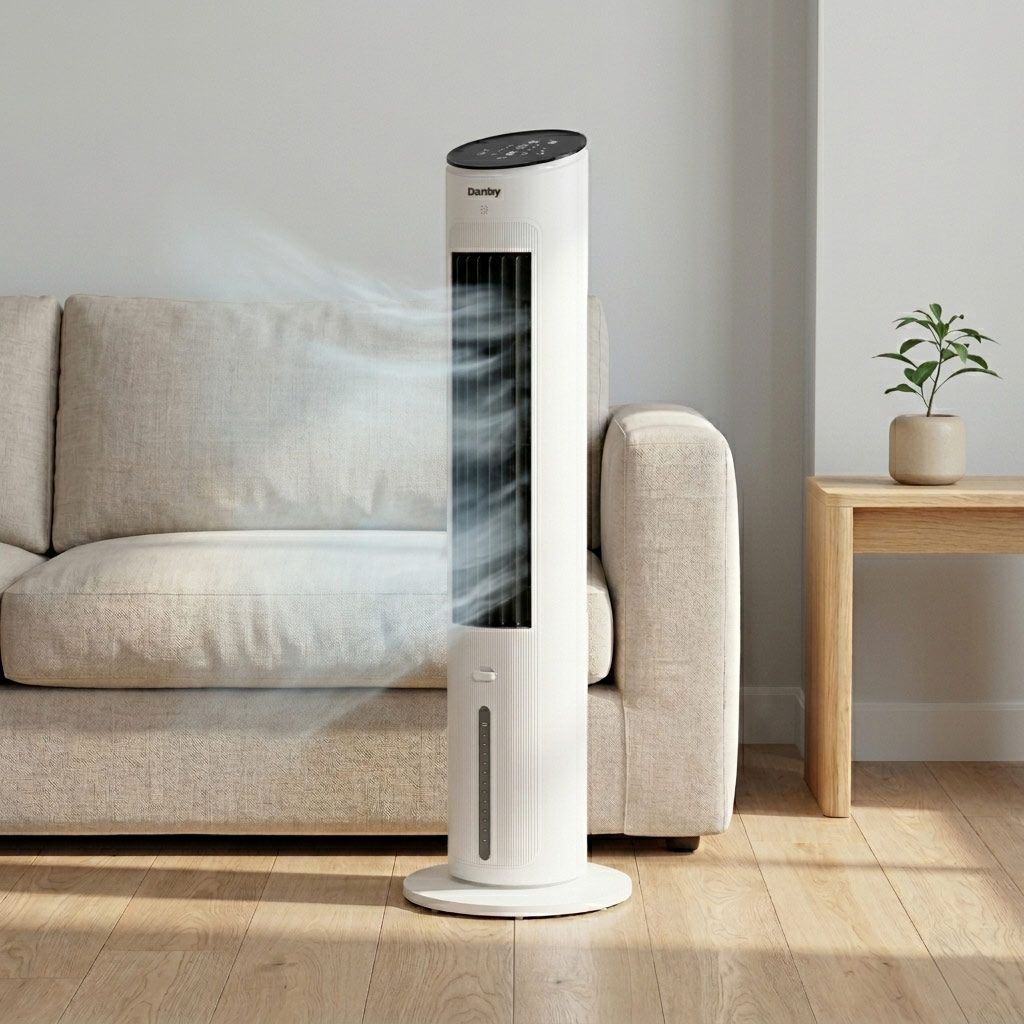 Danby DBEC42A41W 42 inch evaporative cooler blowing airflow across living room beside couch