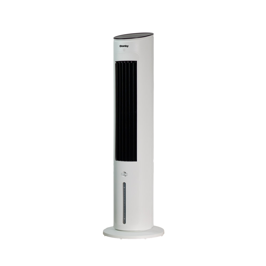 Danby DBEC42A41W 42 inch evaporative cooler front view with vertical vent and water level indicator
