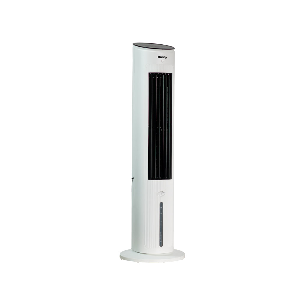 Danby DBEC42A41W 42 inch evaporative cooler angled front view with control panel and air vent