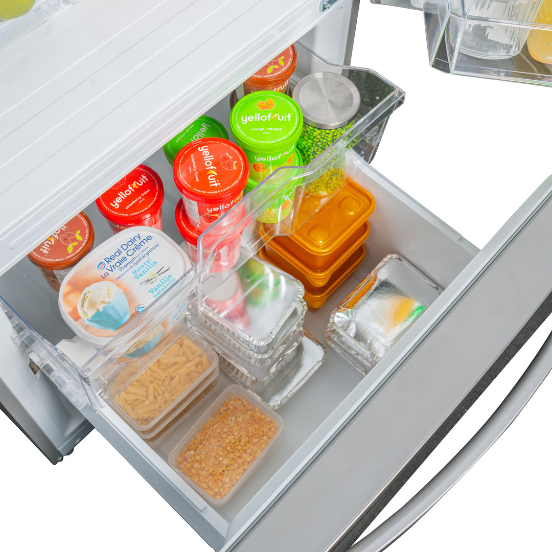 Danby Designer 18.7 cu. ft. Apartment Fridge Bottom Mount in Stainless Steel 11 Danby dbm187e1ssdb freezer propped