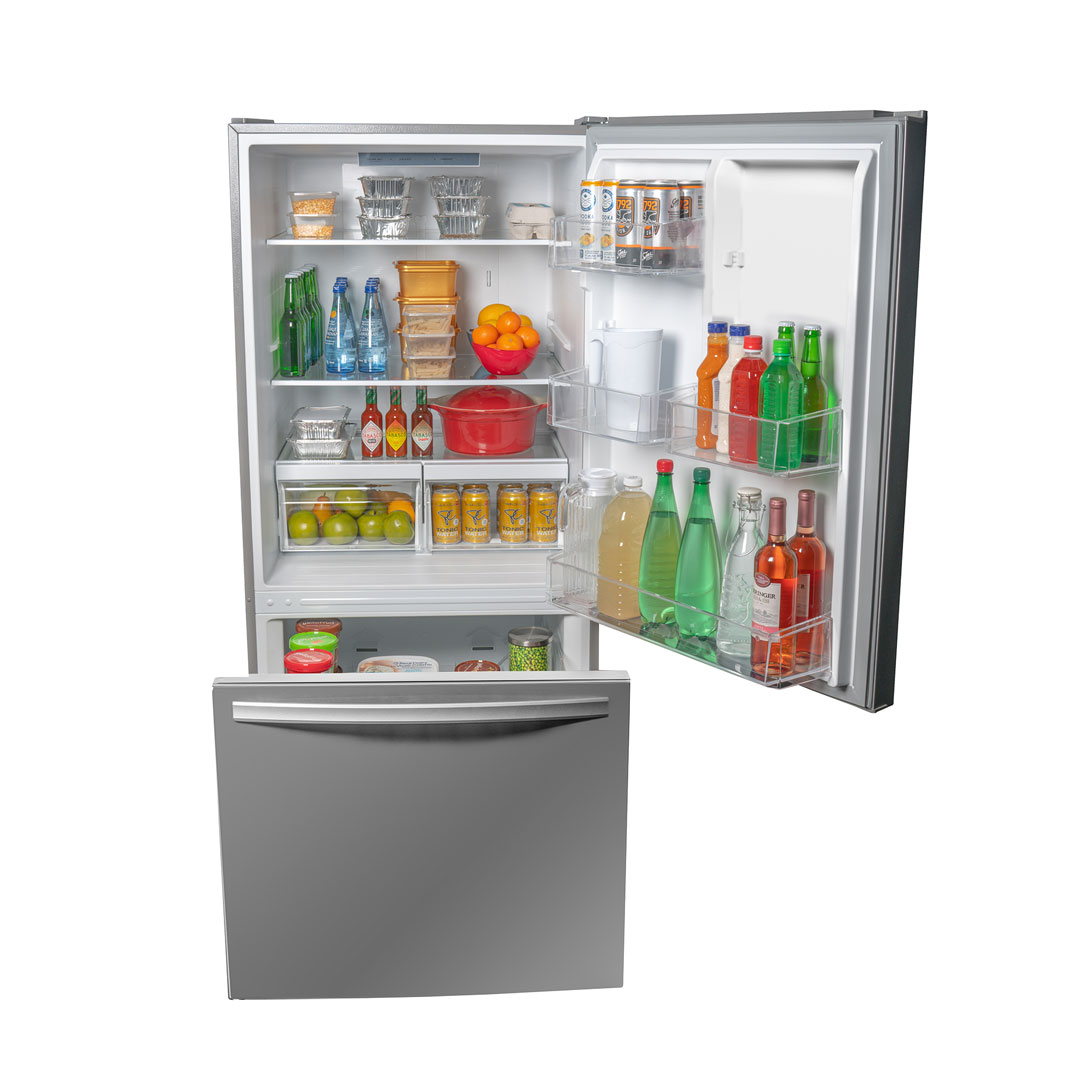 Danby Designer 18.7 cu. ft. Apartment Fridge Bottom Mount in Stainless Steel 9 Danby dbm187e1ssdb front propped