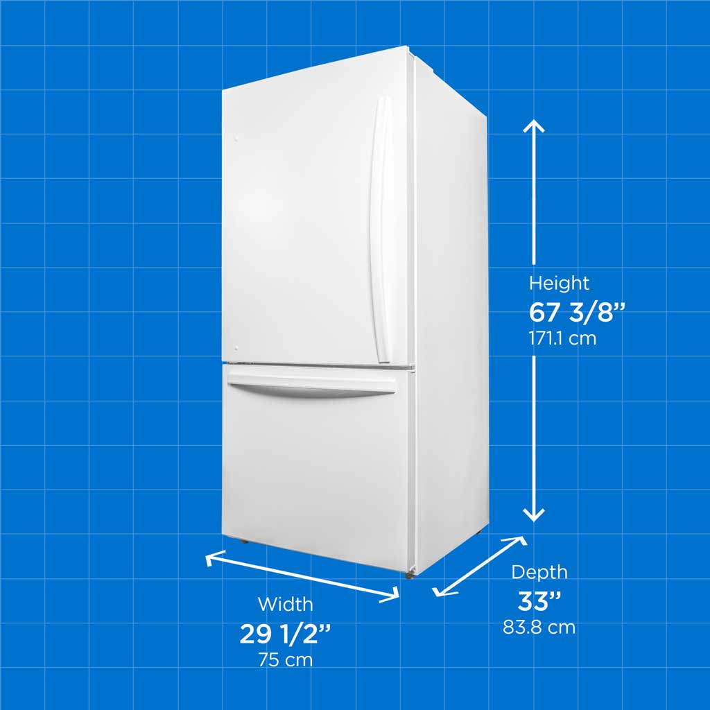 Danby DBM187E1WDB 18.7 cu ft apartment fridge with height width and depth measurements displayed