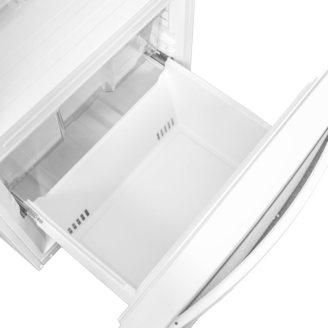 Danby DBM187E1WDB 18.7 cu ft apartment fridge freezer drawer side view showing storage compartment