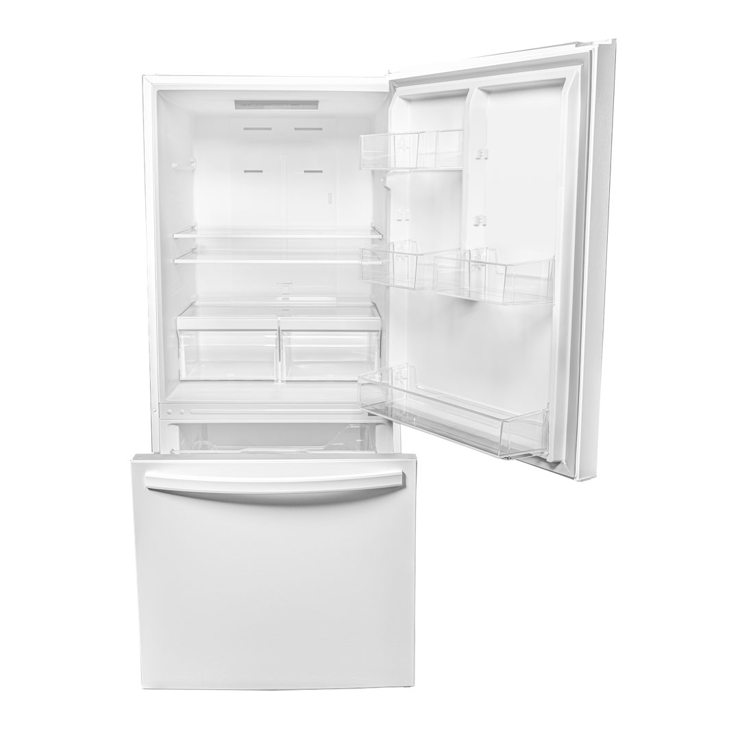Danby DBM187E1WDB 18.7 cu ft apartment fridge with door open showing empty interior compartments and shelves