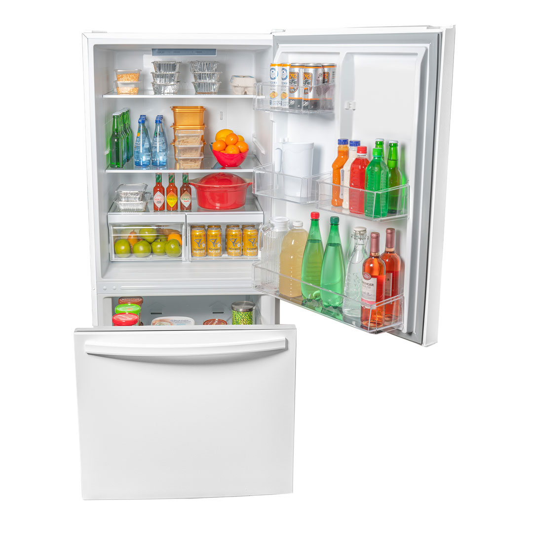 Danby DBM187E1WDB 18.7 cu ft apartment fridge with door open displaying food and beverage storage