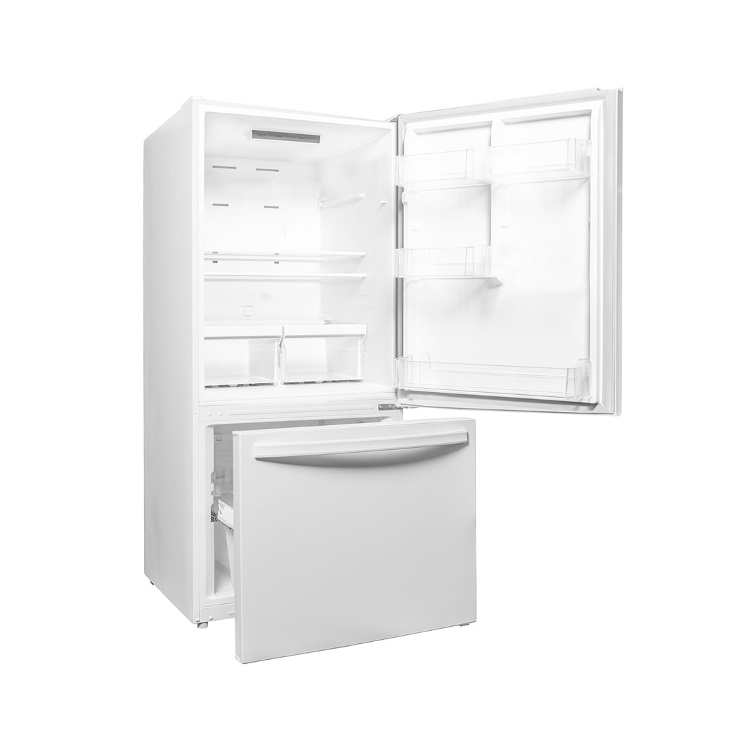 Danby DBM187E1WDB 18.7 cu ft apartment fridge angled view with door open showing empty interior storage space