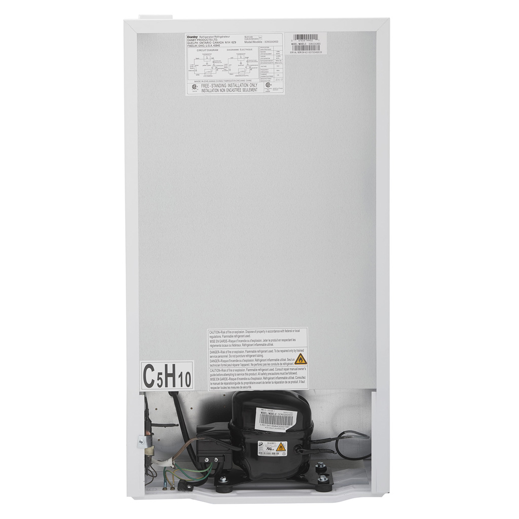 Danby DCR032A2WDD 3.2 cu ft compact fridge rear view showing cooling components and power cord