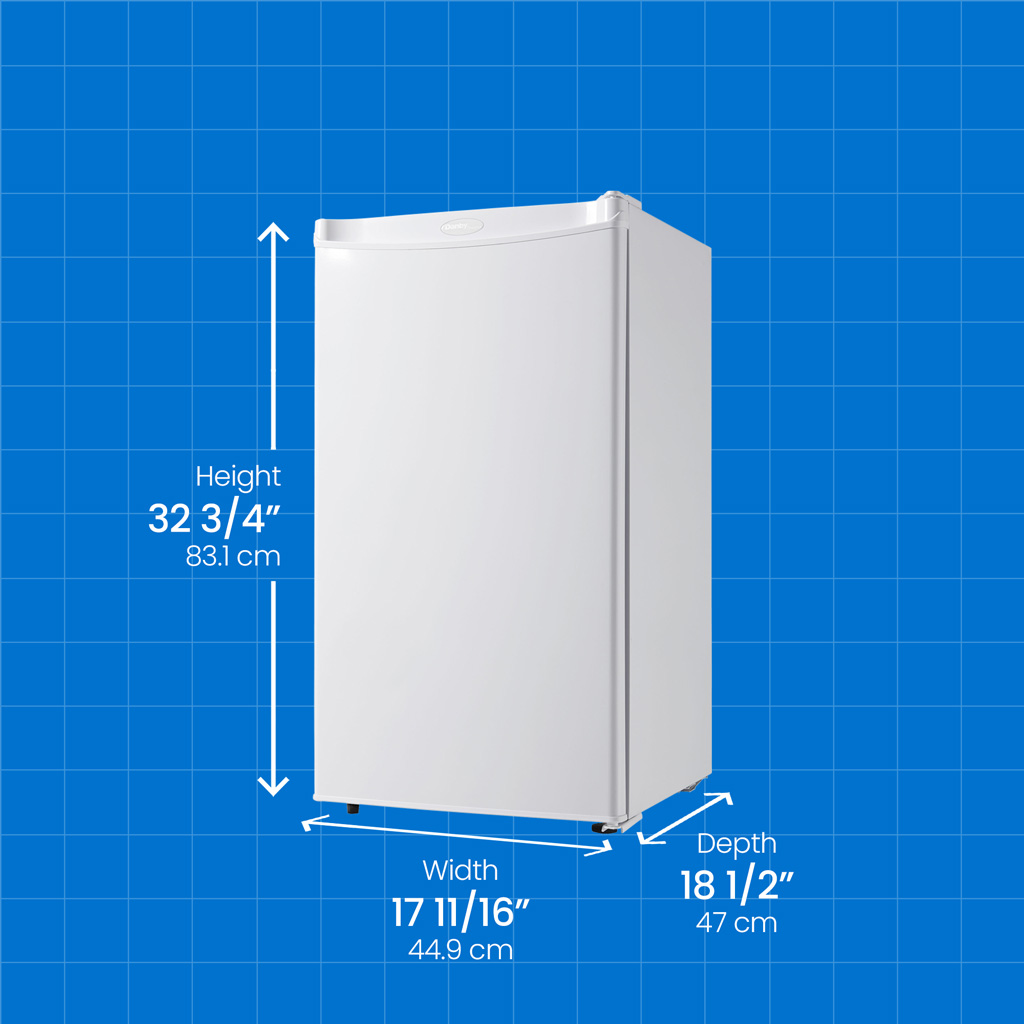 Danby DCR032A2WDD 3.2 cu ft compact fridge with height width and depth measurements displayed