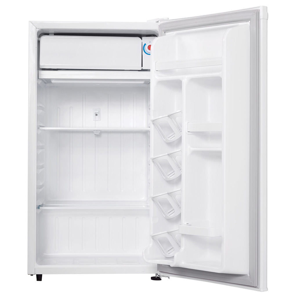Danby DCR032A2WDD 3.2 cu ft compact fridge with door open showing empty interior storage compartments
