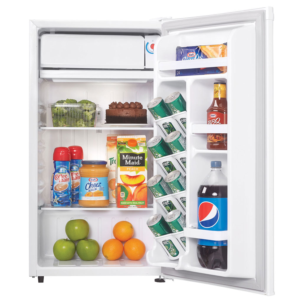 Danby DCR032A2WDD 3.2 cu ft compact fridge with door open displaying food and beverage storage