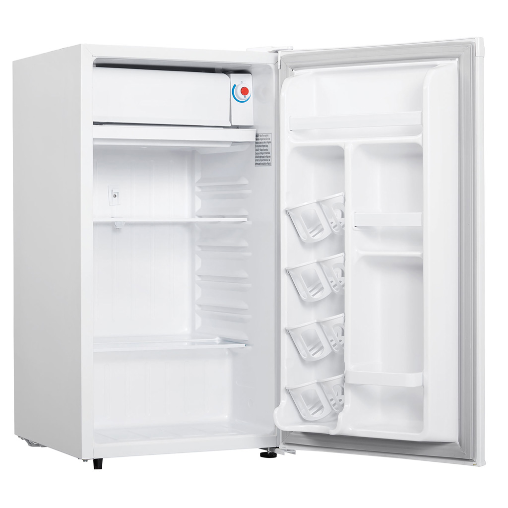 Danby DCR032A2WDD 3.2 cu ft compact fridge with door open showing empty interior storage compartments