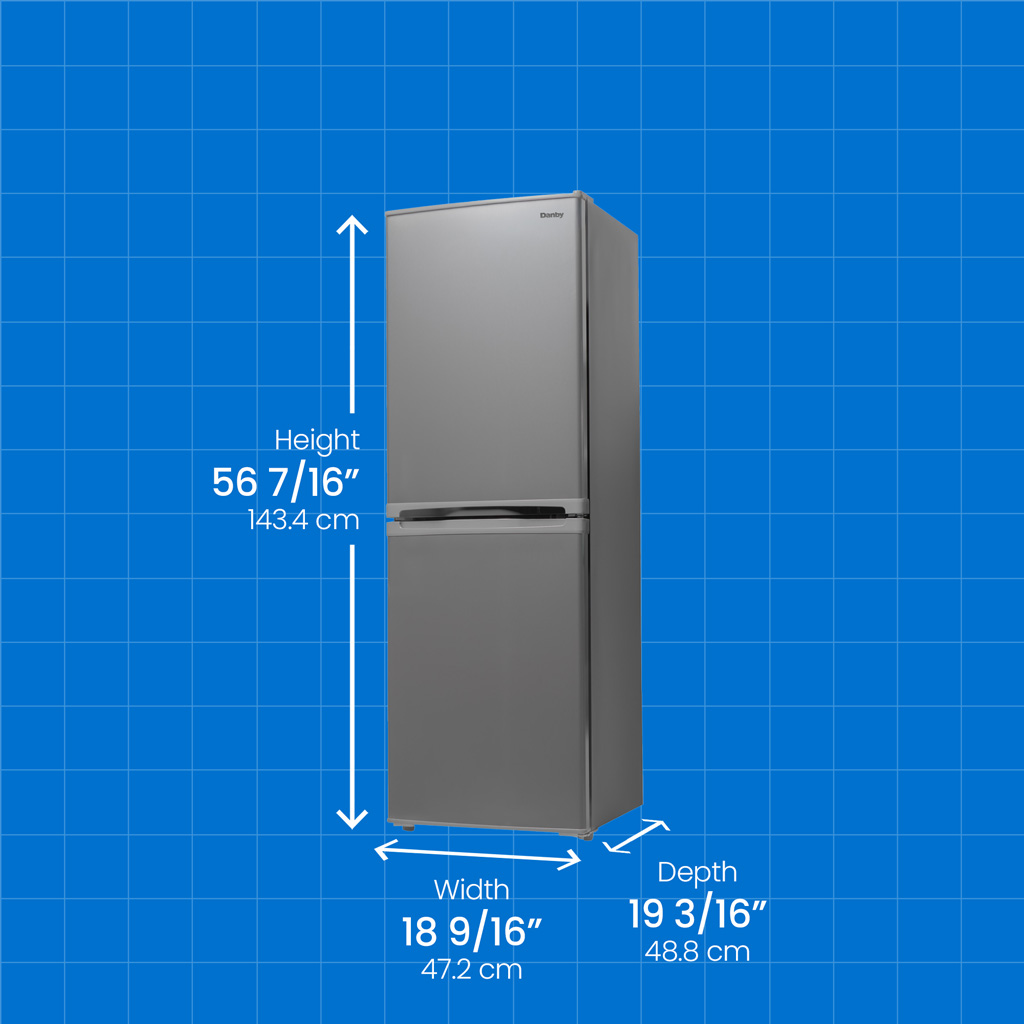 19 Inch 4.9 cu. ft. Bottom Mount Mini Refrigerator 7 Danby DCR049B1BSLDB 4.9 cu ft refrigerator with height width and depth measurements displayed