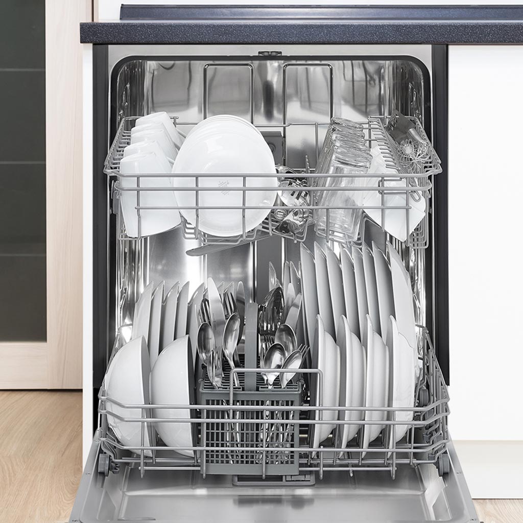 Danby DDW2404EBSS 24 inch built-in dishwasher interior showing dish rack capacity