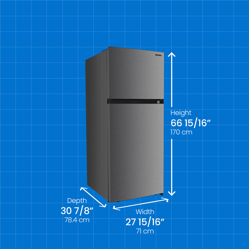 Danby 18 cu. ft. Top Mount Refrigerator in Stainless Steel Look 7 Danby DFF176B1SLDB 18 cu ft fridge with height width and depth measurements displayed