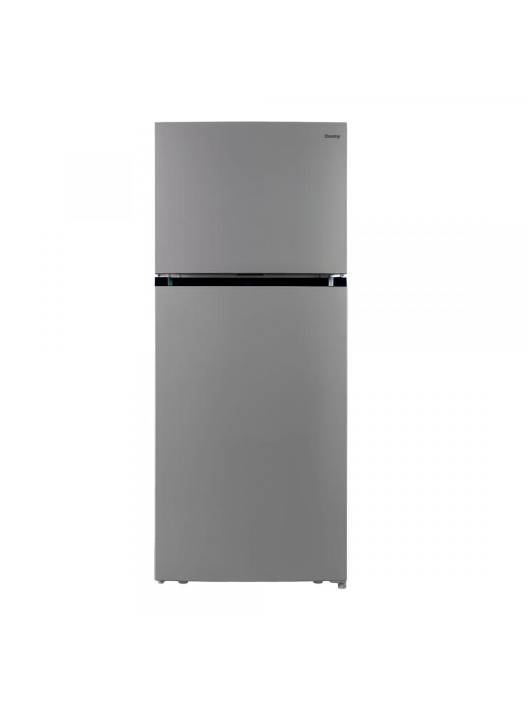 Danby DFF176B1SLDB 18 cu ft fridge front view with stainless steel look finish and top freezer design