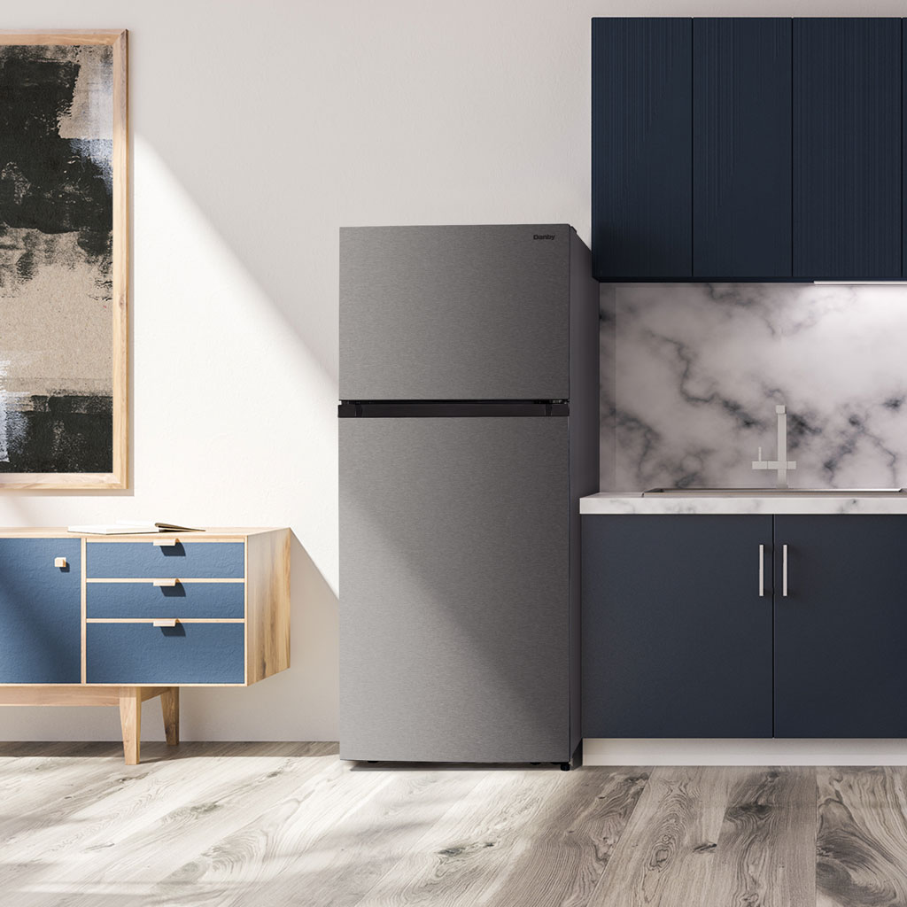 Danby 18 cu. ft. Top Mount Refrigerator in Stainless Steel Look 6 Danby DFF176B1SLDB 18.0 cu ft fridge in modern kitchen setting