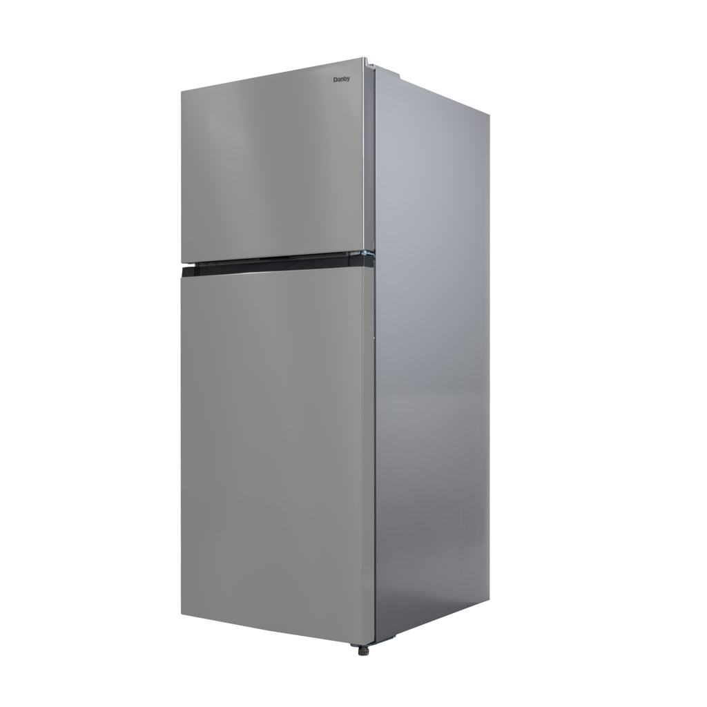 Danby 18 cu. ft. Top Mount Refrigerator in Stainless Steel Look 3 Danby DFF176B1SLDB 18.0 cu ft fridge left angle view with stainless steel look finish