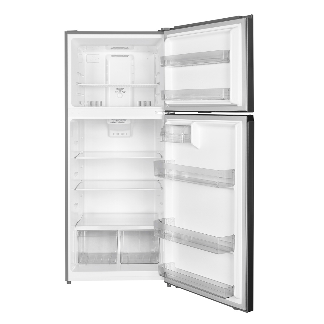 Danby 18 cu. ft. Top Mount Refrigerator in Stainless Steel Look 8 Danby DFF176B1SLDB 18.0 cu ft fridge with doors open showing empty refrigerator and freezer compartments