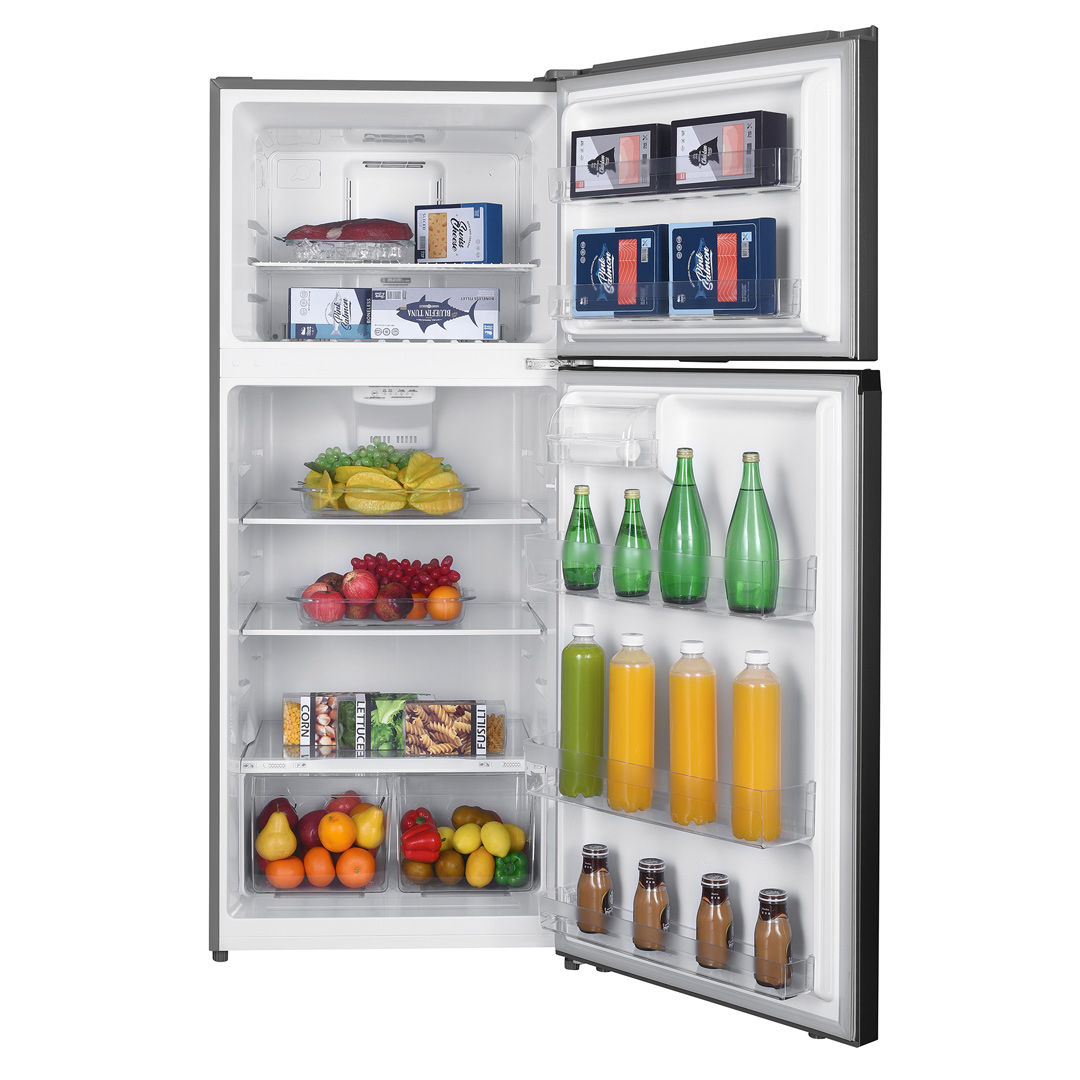 Danby 18 cu. ft. Top Mount Refrigerator in Stainless Steel Look 9 Danby DFF176B1SLDB 18 cu ft fridge with door open displaying food and beverage storage