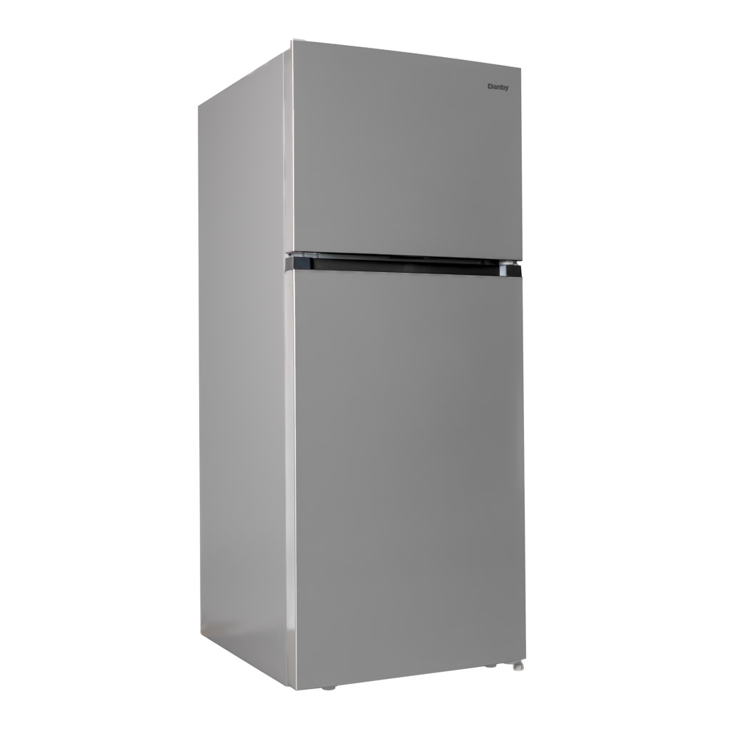 Danby 18 cu. ft. Top Mount Refrigerator in Stainless Steel Look 2 Danby DFF176B1SLDB 18.0 cu ft fridge right angle view with stainless steel look finish